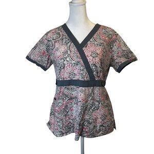 Pink and Grey Floral Paisley Scrub Top Women Size Medium